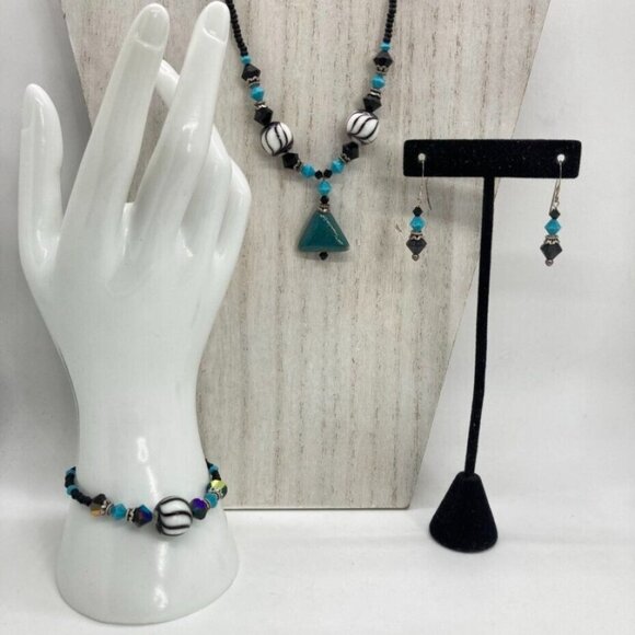 Unbranded Jewelry - Vintage Sterling Silver Chrysocolla Stone Glass Bead Necklace Bracelet Earrings